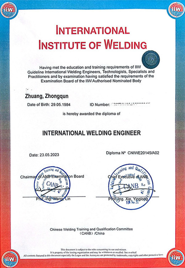 International Welding Engineer IWE Certificate