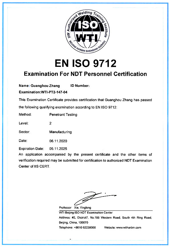 ISO9712-PT2 Non destructive testing qualification certificate