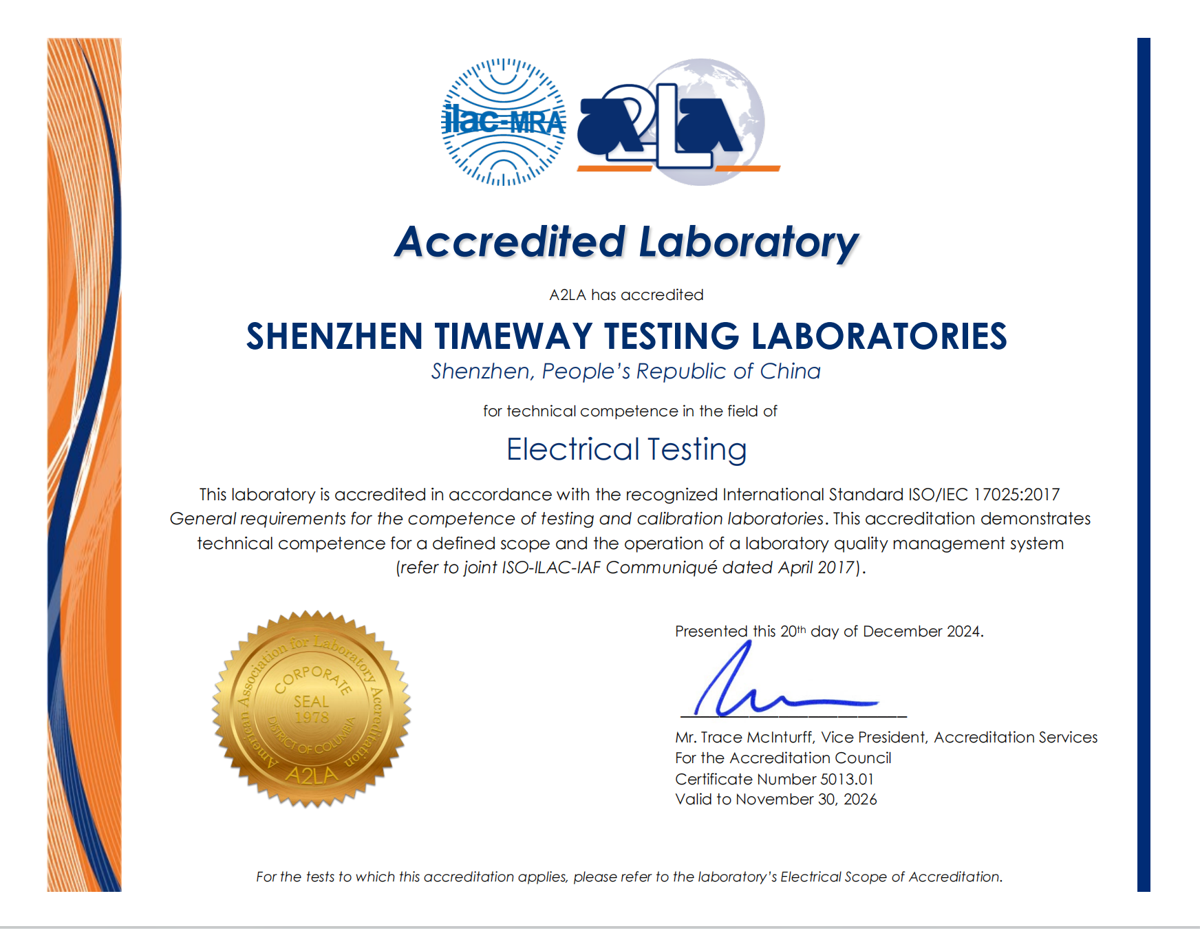 Timeway A2LA certificate