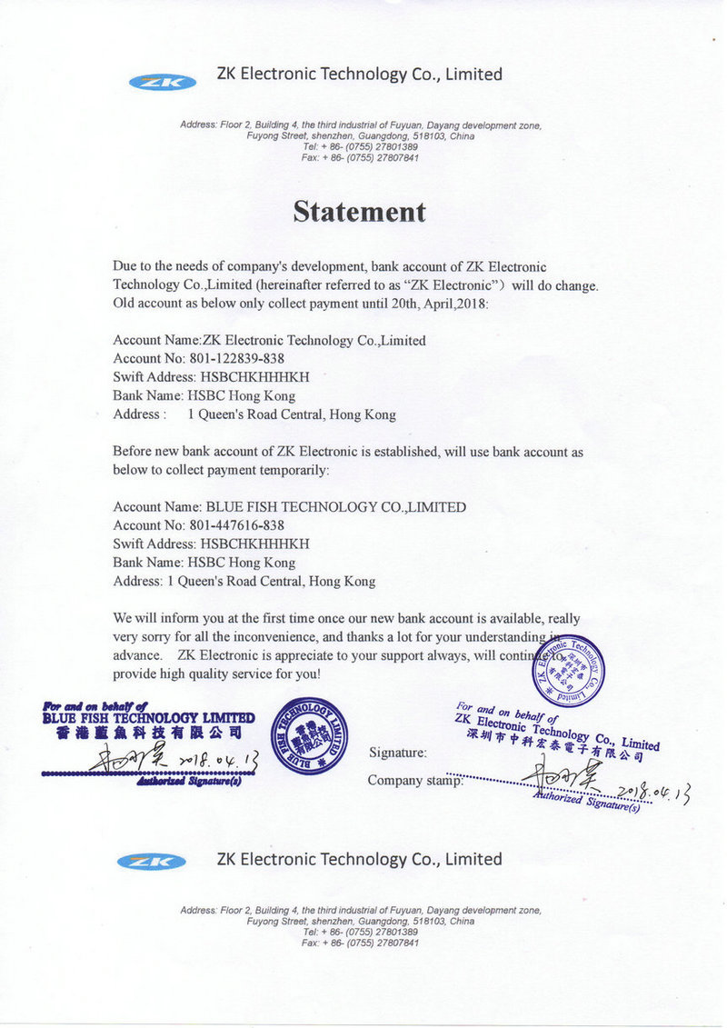 ZK Electronic Technology Co., Limited's payment account