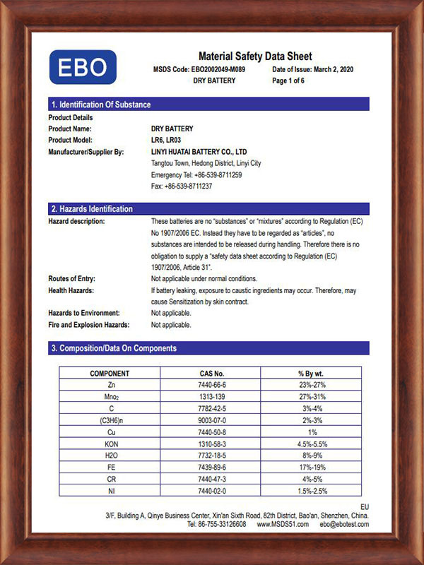 Fiche signalétique LR6,LR03 Certificat