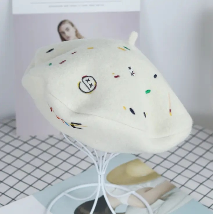 Sombrero de pintor de boina de lana de nuevo patrón de otoño | Sombrero de boina francés bordado de moda para mujer