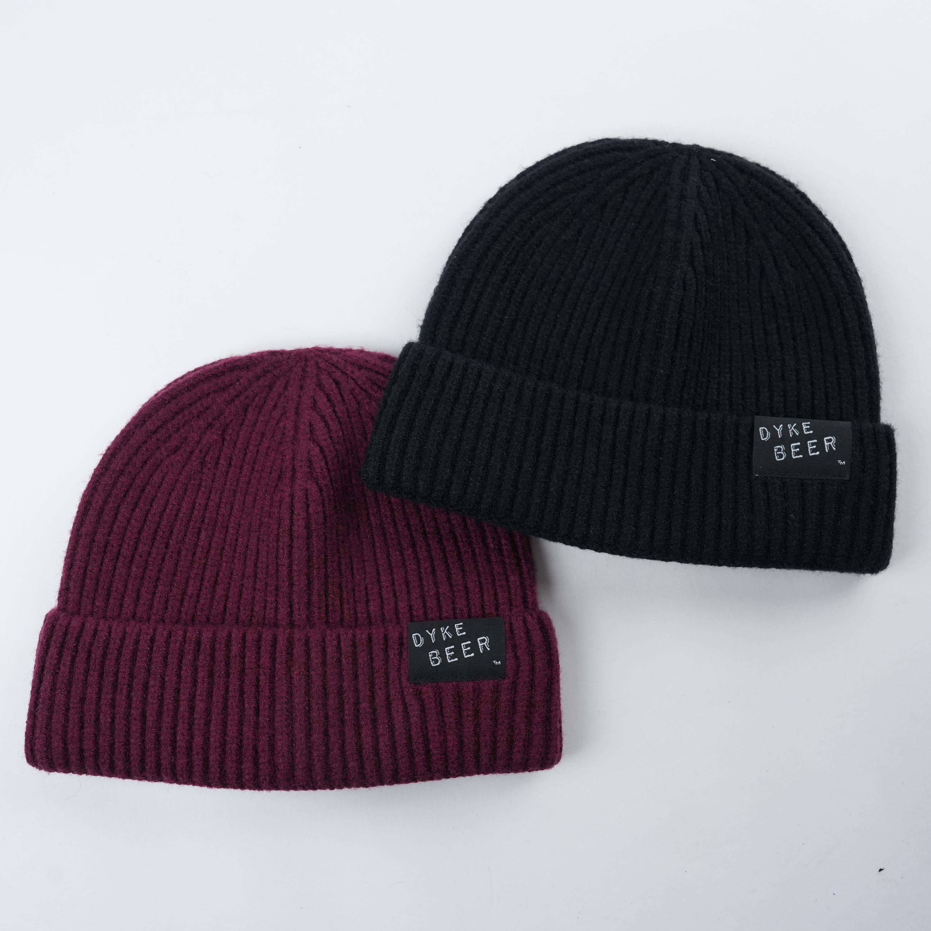 "DYKE BEER" bordado Logo Knit Beanie-Negro y Borgoña