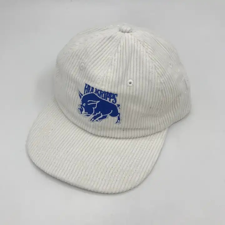 Custom Embroidered Corduroy Dad Hat - Vintage White Cap with Blue Logo