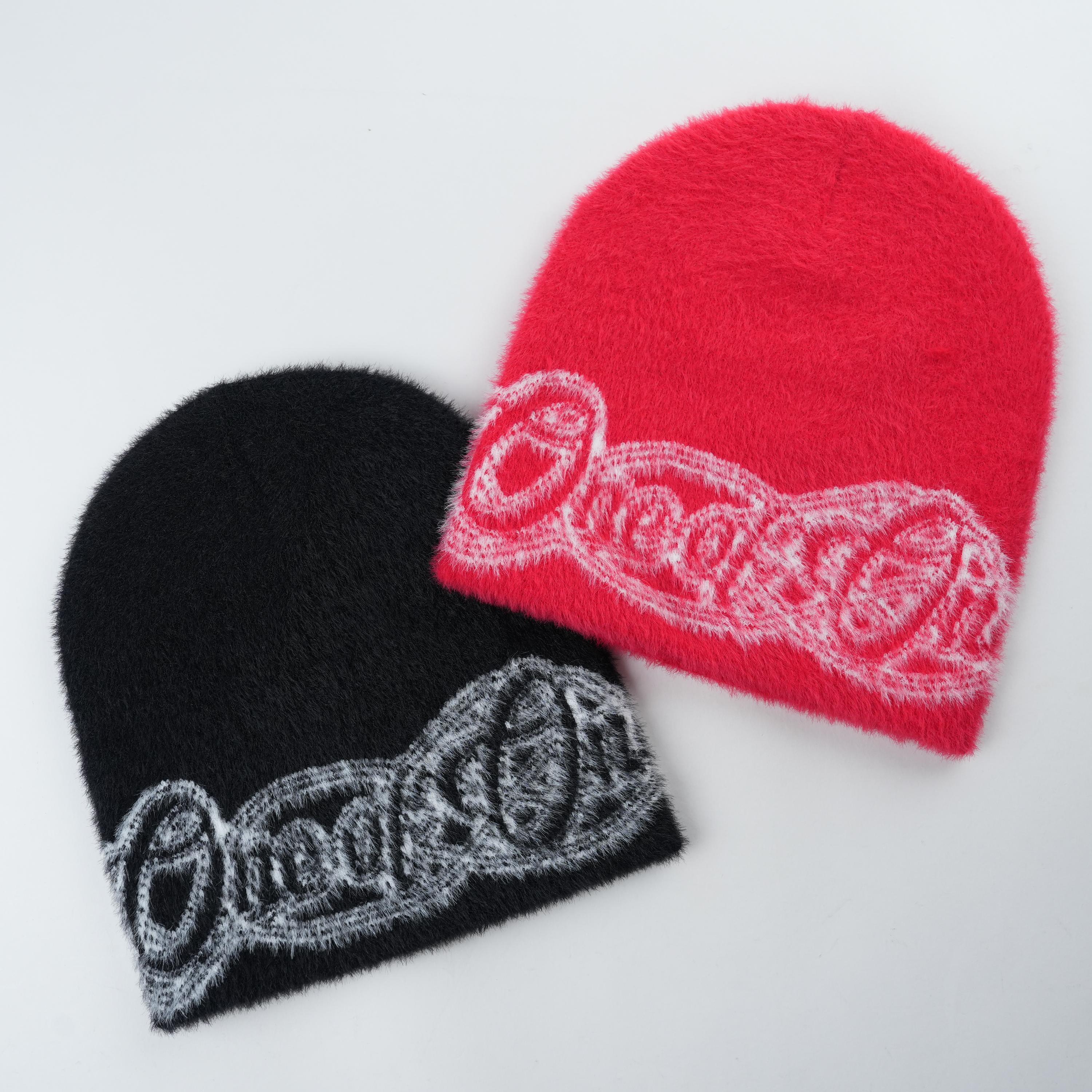 Gorro de punto difuso con diseño de logotipo jacquard retro en bucle