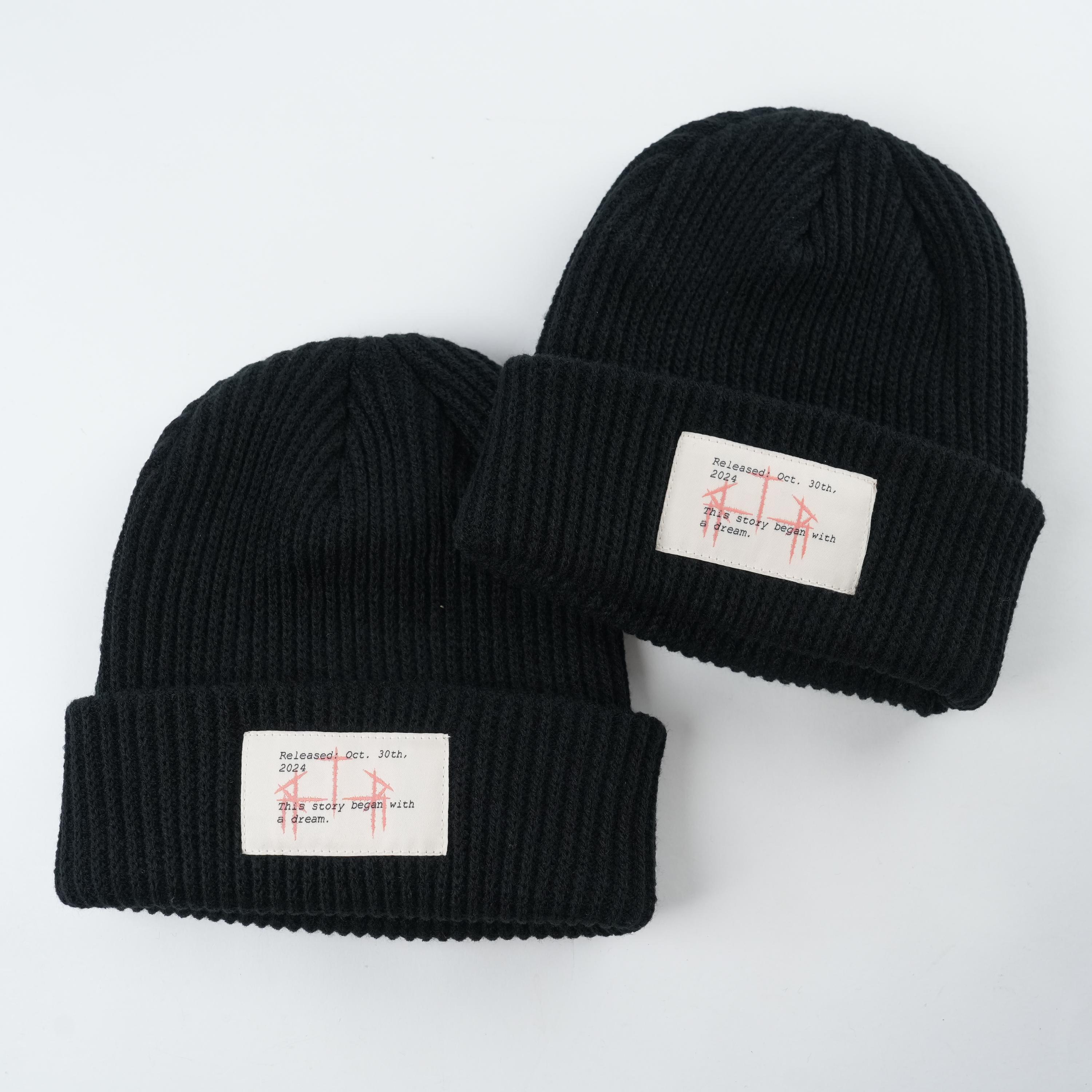 Gorro de punto acanalado negro con parche personalizado-Edición "This Story Begined with a Dream"