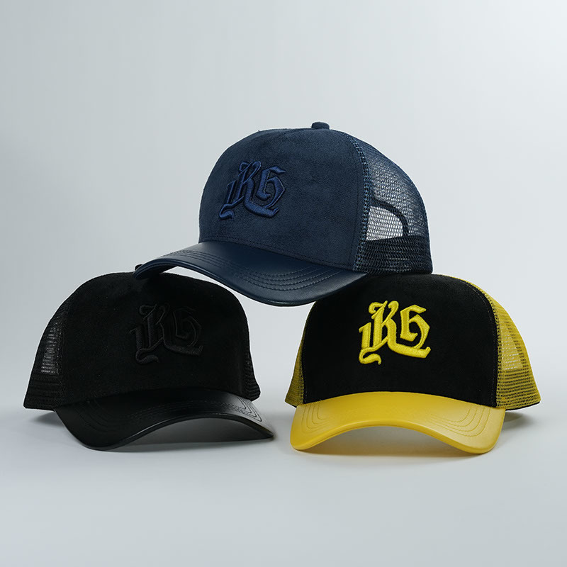 New Arrival OEM Suede Custom Embroidery High Quality Mesh Trucker Hat With Leather Brim