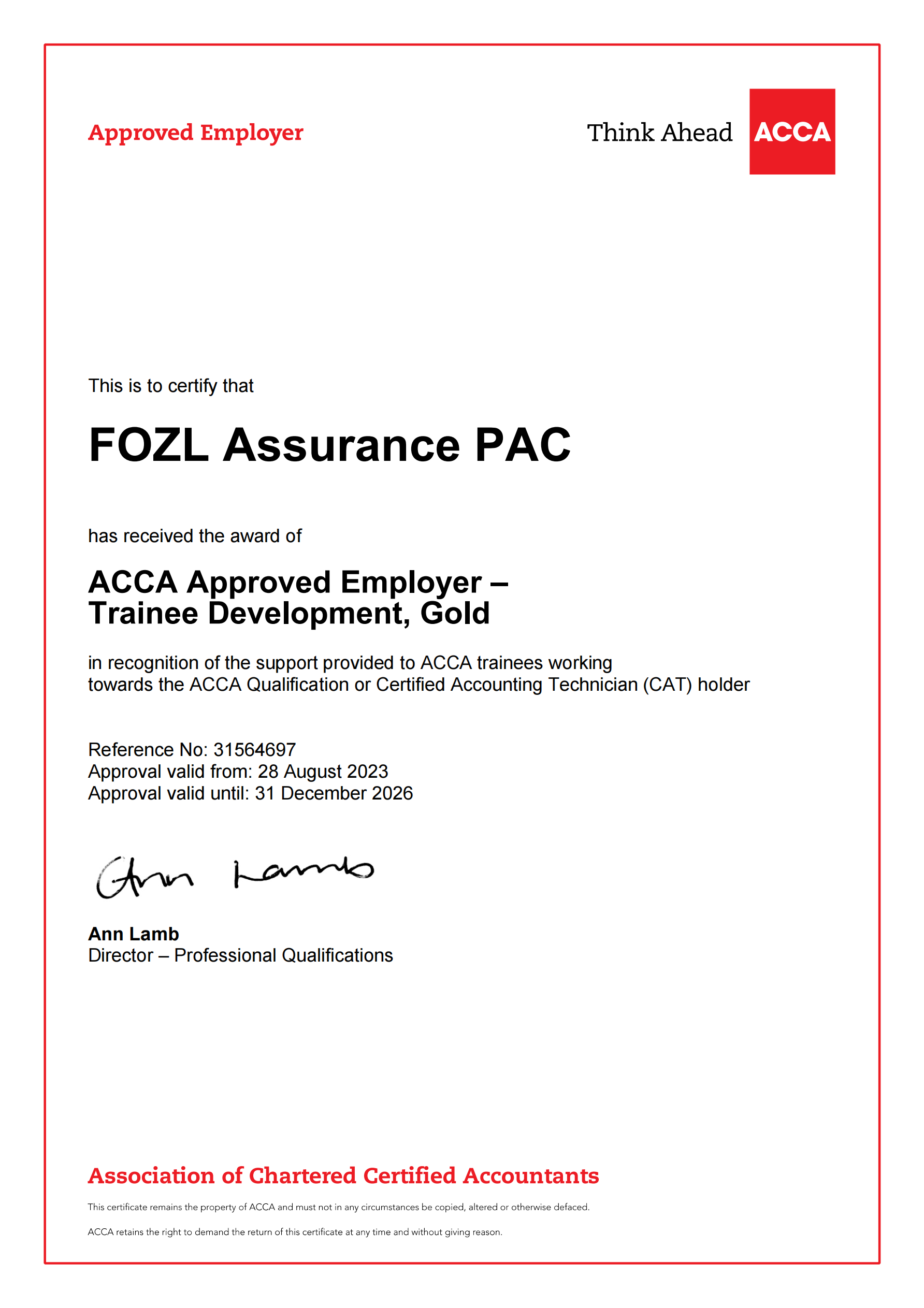 FOZL Assurance PAC - PD Certificate FOZL Assurance PAC - PD Certificate