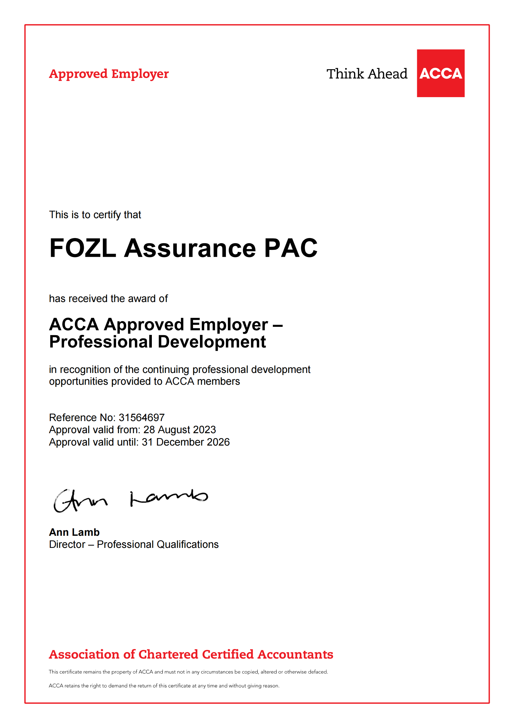 FOZL Assurance PAC - TD Certificate FOZL Assurance PAC - TD Certificate