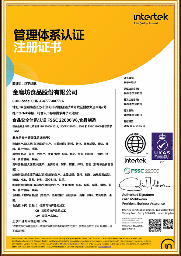 Food Safety Management System Registration Certificate