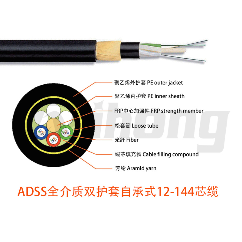 ADSS全介质双护套自承式 12-144芯 100-1000米跨距 室外架空光缆