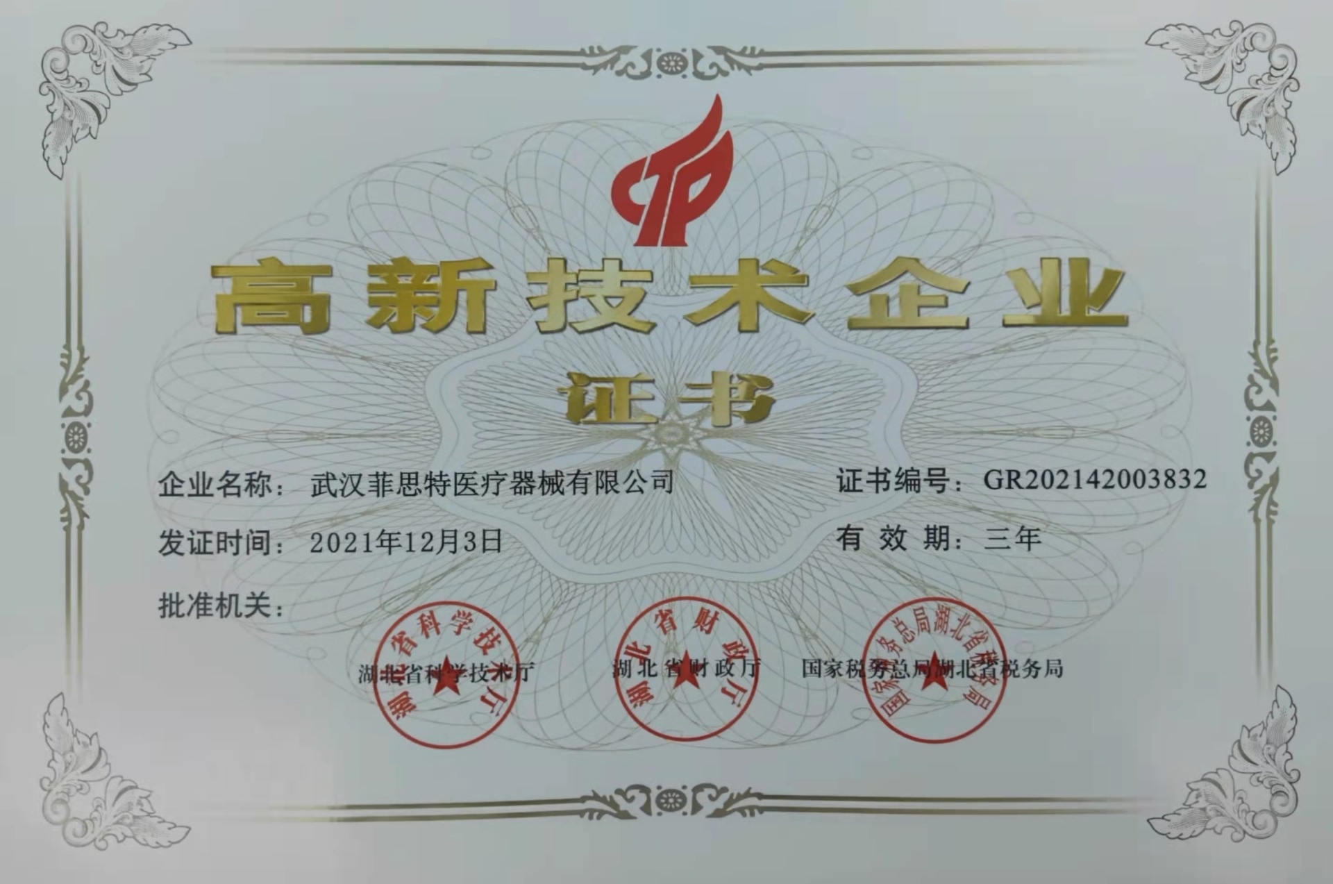 武汉菲思特医疗器械有限公司高新技术企业证书 武汉菲思特医疗器械有限公司高新技术企业证书