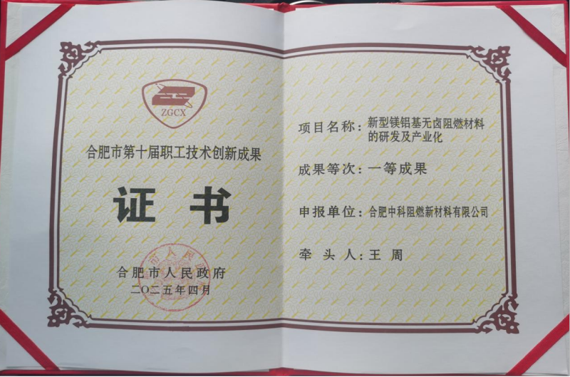 恭喜中科阻燃榮獲合肥市第十屆職工技術(shù)創(chuàng)新競賽技能創(chuàng)新成果一等獎