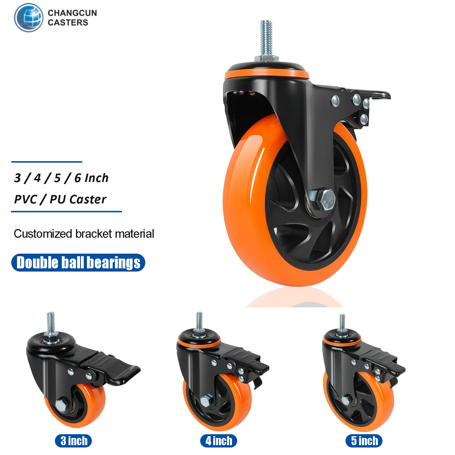 Schraube Orange Caster Doppel lager Hochlager 3 Zoll 4 Zoll 5 Zoll mit Bremse geeignet für alle Arten von Regalen und Trolleys