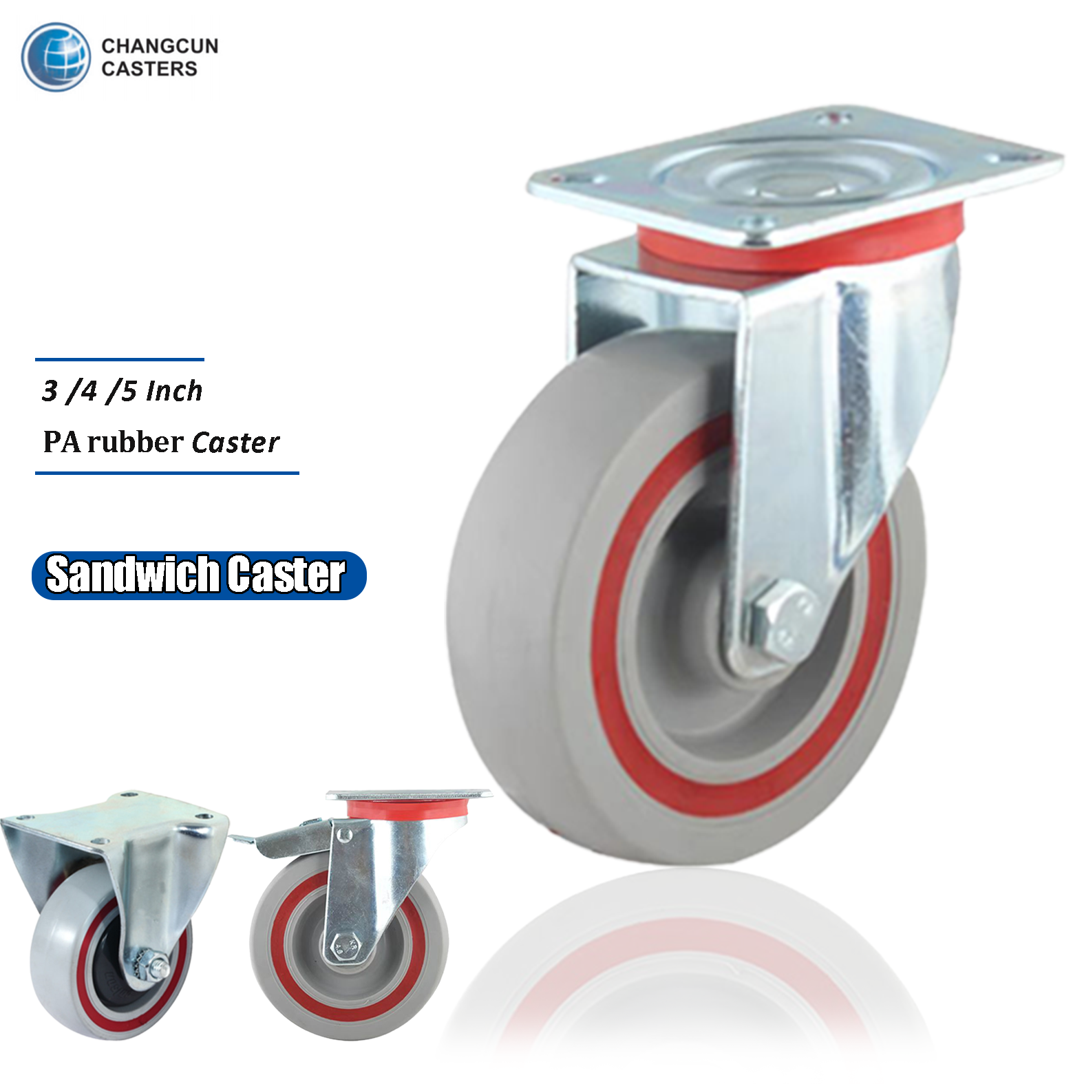 Industrielles Sandwich Weiß PA Gummi Europäische Industrie Trolley Caster 80 100 125 mm Gummi-Rollen rad ohne Bremse