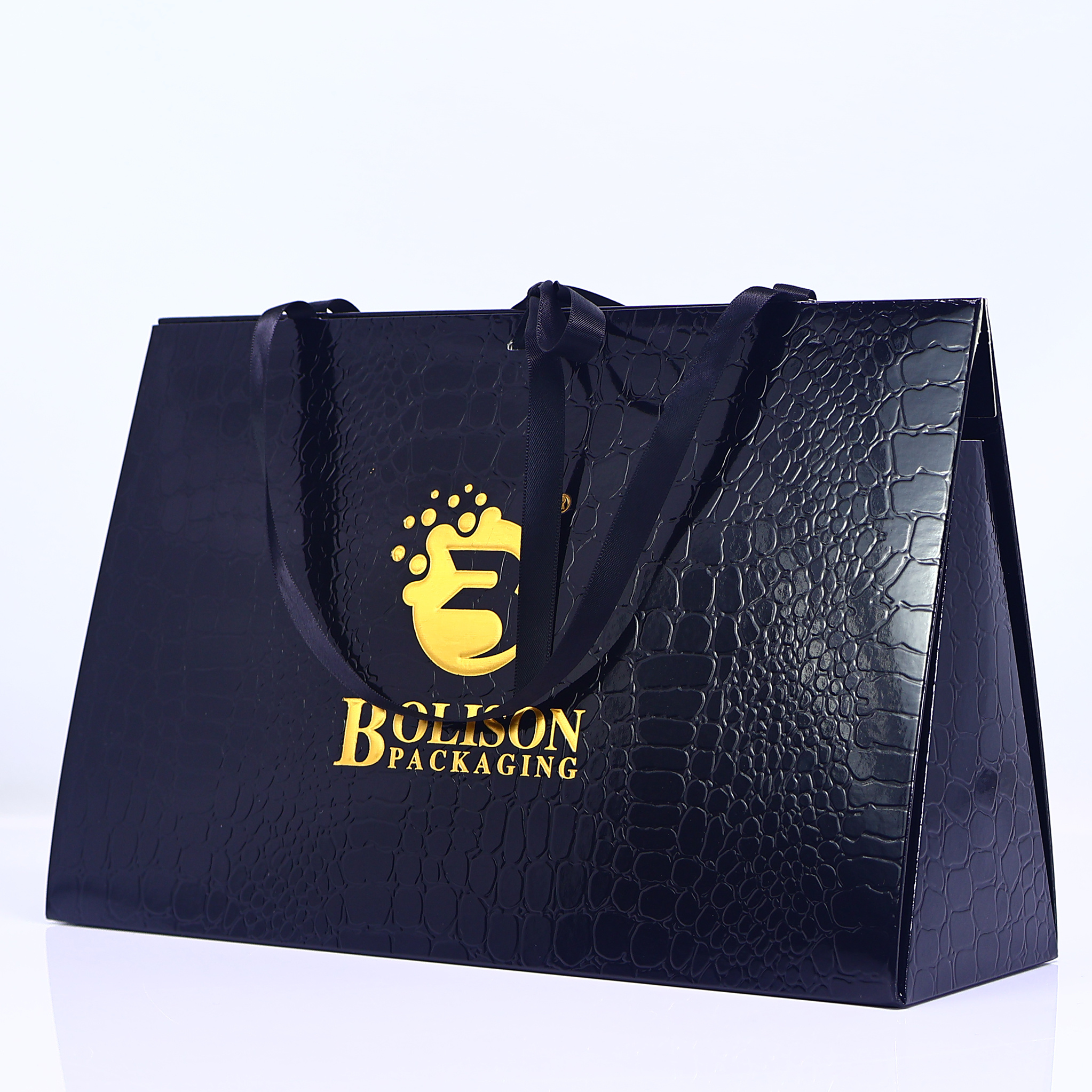 Reusable custom logo gold stamping printed black luxury shopping Cosmetic design Handmade gift embossing premium paper bags