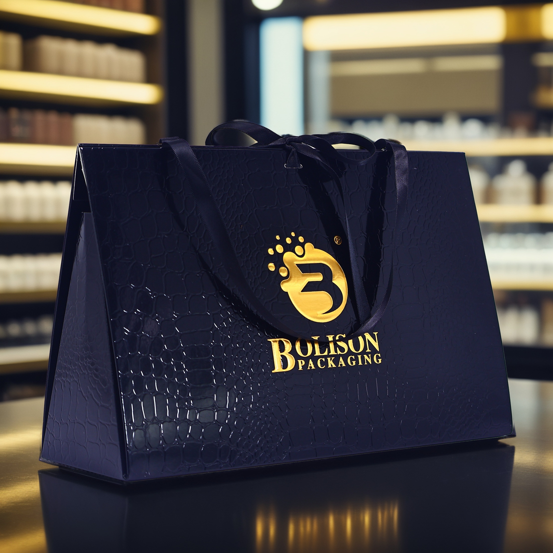 Reusable custom logo gold stamping printed black luxury shopping Cosmetic design Handmade gift embossing premium paper bags