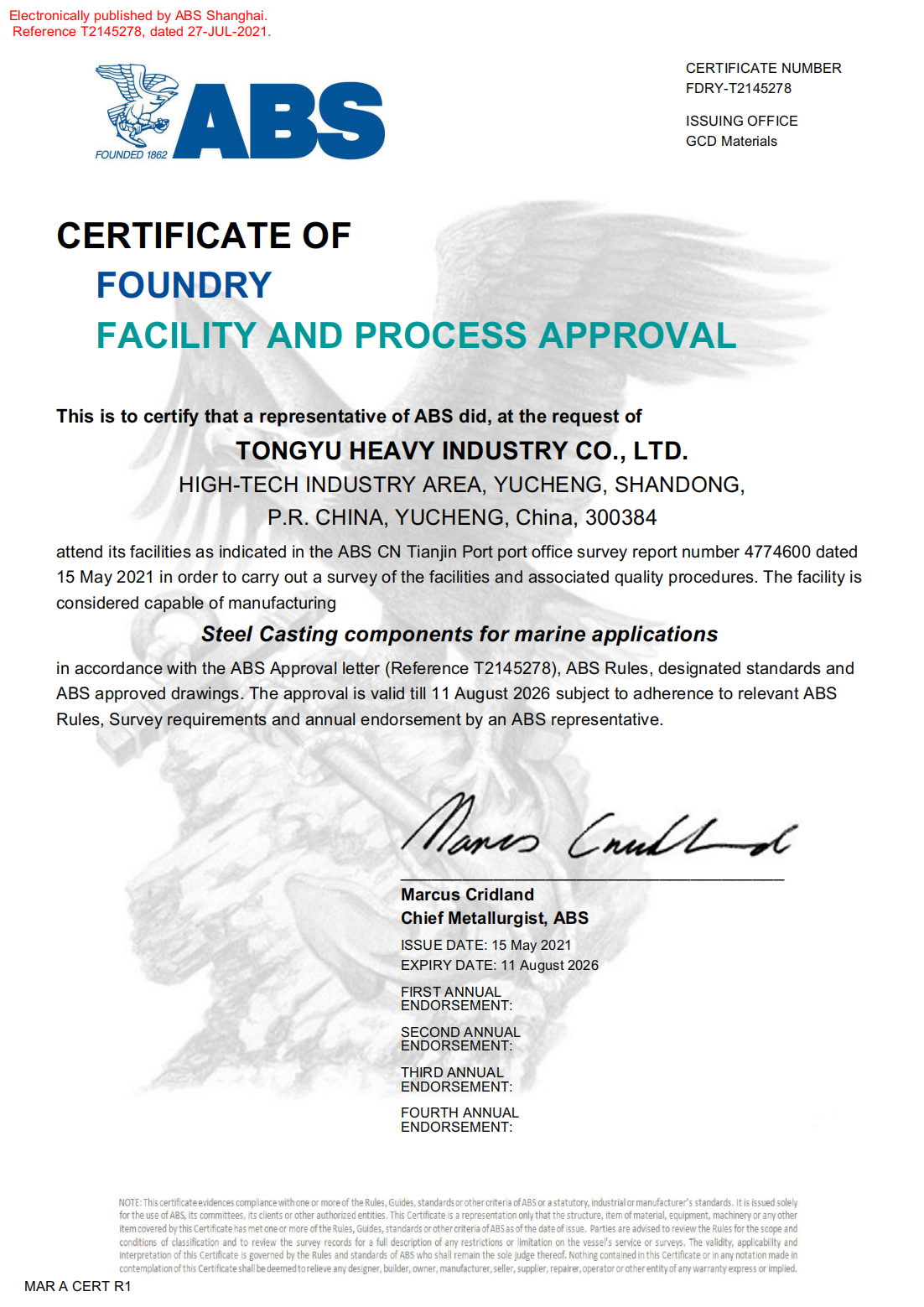 American Classification Society certificate