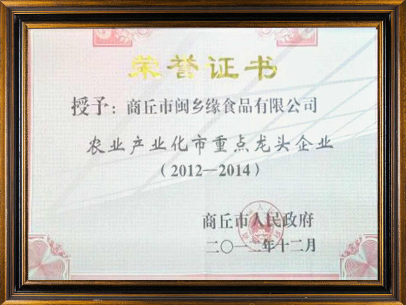 市重點龍頭企業(yè)證書