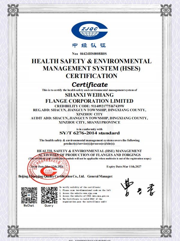 Back of Health, Safety and Environmental Management System Certification Certificate Back of Health, Safety and Environmental Management System Certification Certificate