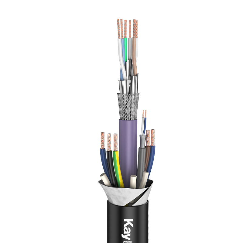 KH008-5P4C hybrid cable. 5x2.5mm² power cord, 2x4x0.14mm² CAT.7, 2x0.14mm² DMX