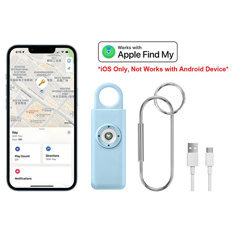 A personal alarm with high-decibel sound, integrating Apple's FindMy chip for positioning and tracking.