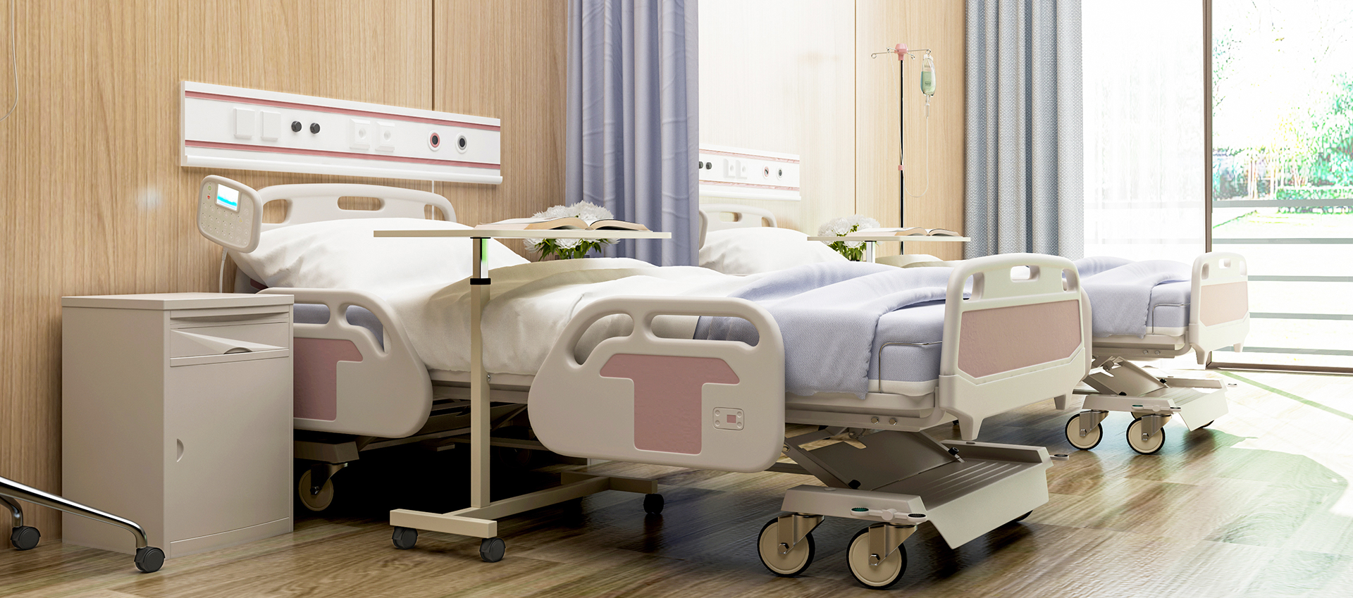 Nursing beds, wheelchair, crutches, rehabilitation and physical therapy equipment.