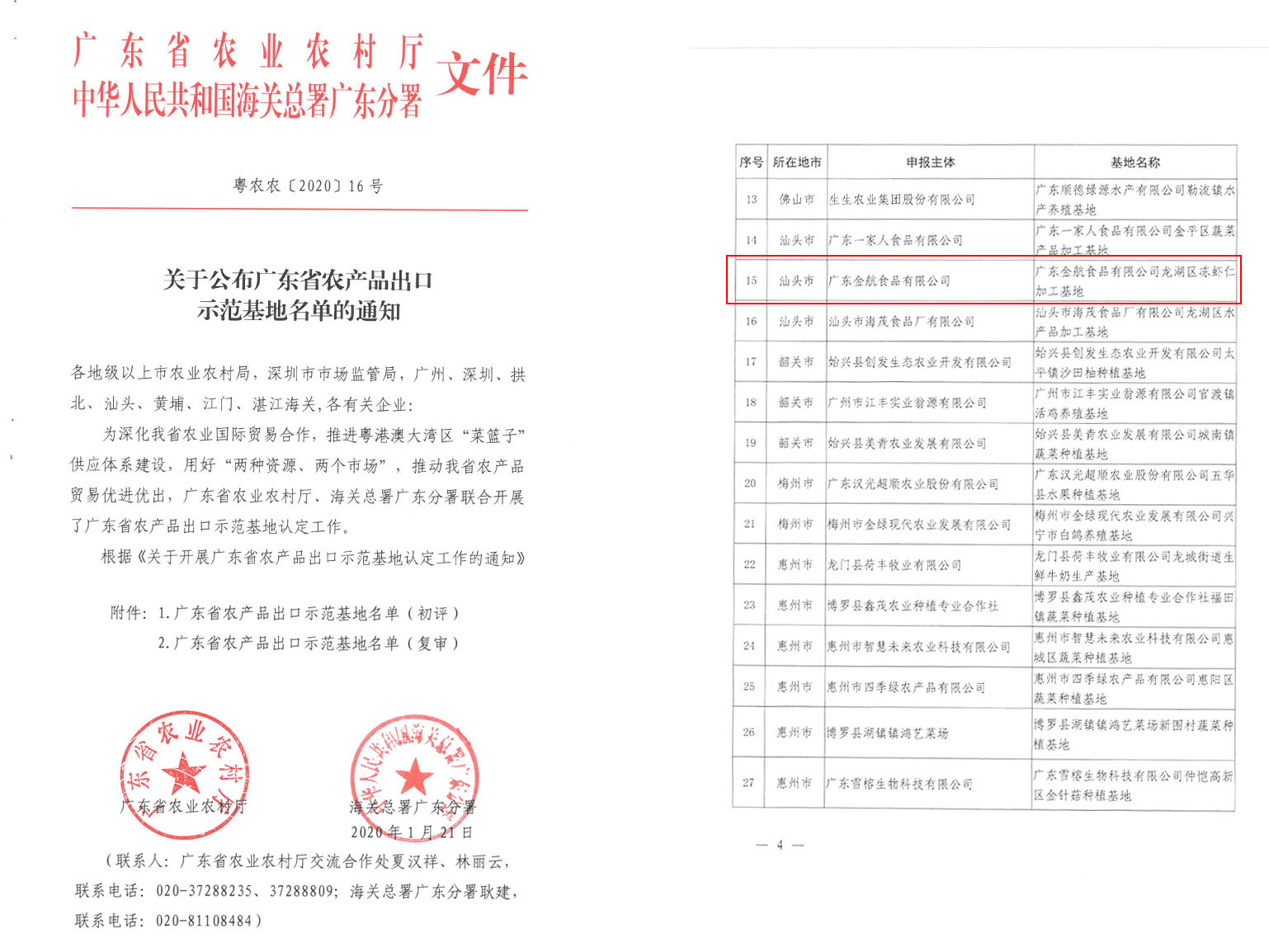 關于公布廣東省農產品出口示范基地名單的通知