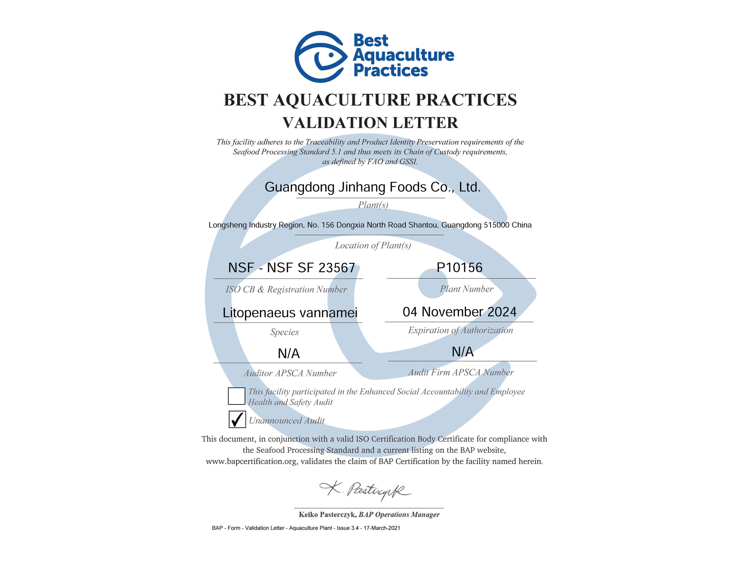 Best Aquaculture Practices Validation Letter