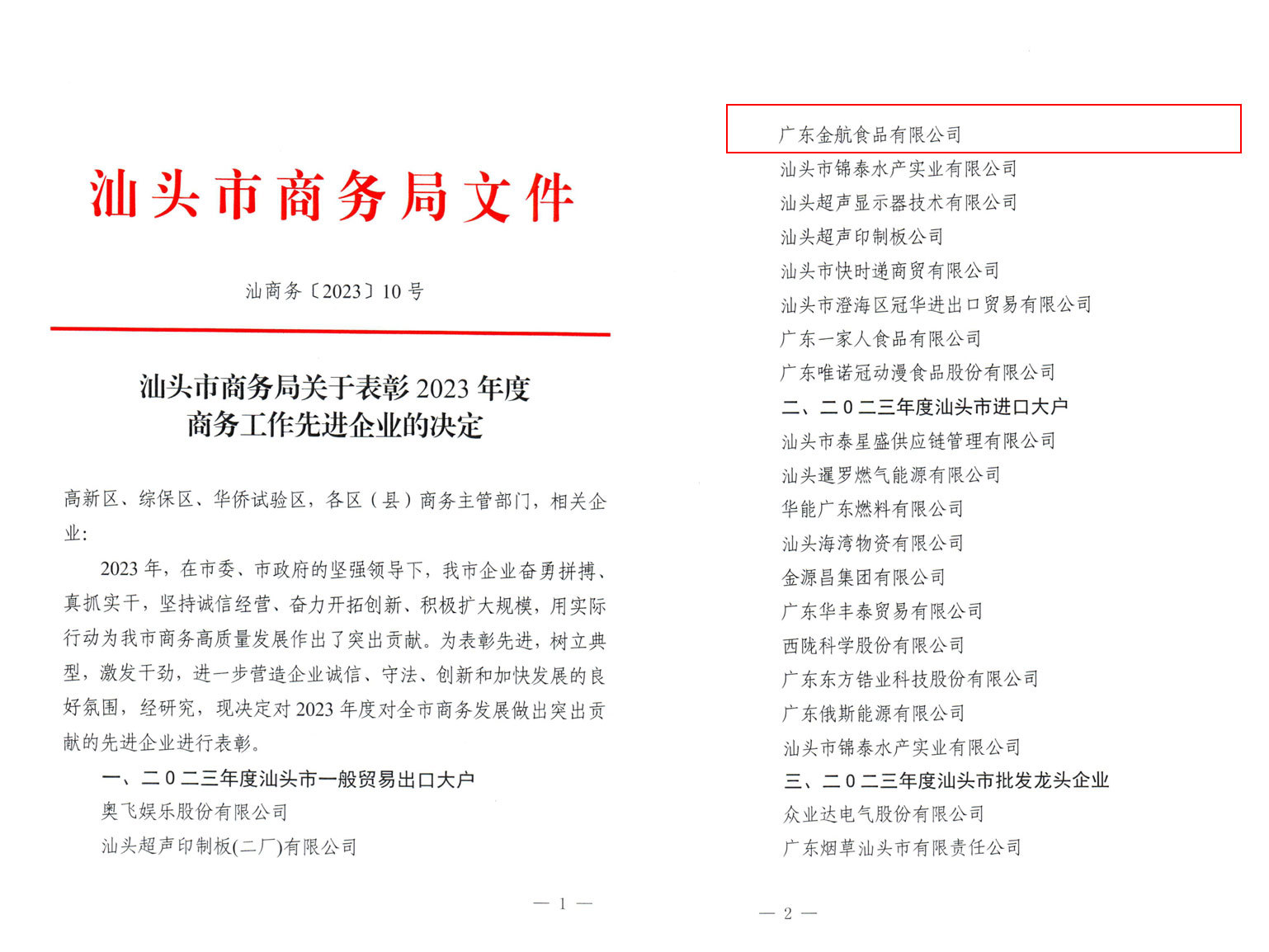 Decision of Shantou Municipal Bureau of Commerce on Commending Advanced Enterprises in Business Work in 2023