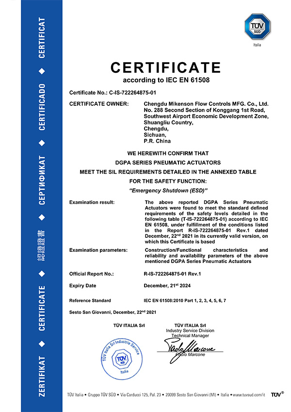 Pneumatic actuator SIL3 certification