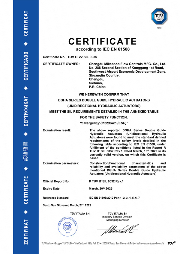 Hydraulic actuator SIL certification