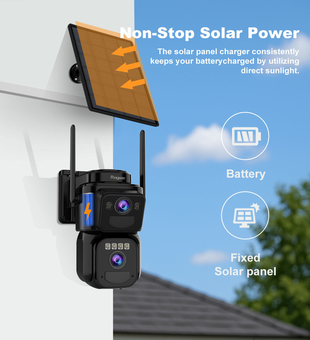Cámara de seguridad solar de doble lente 2K