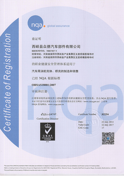 职业健康安全体系认证证书