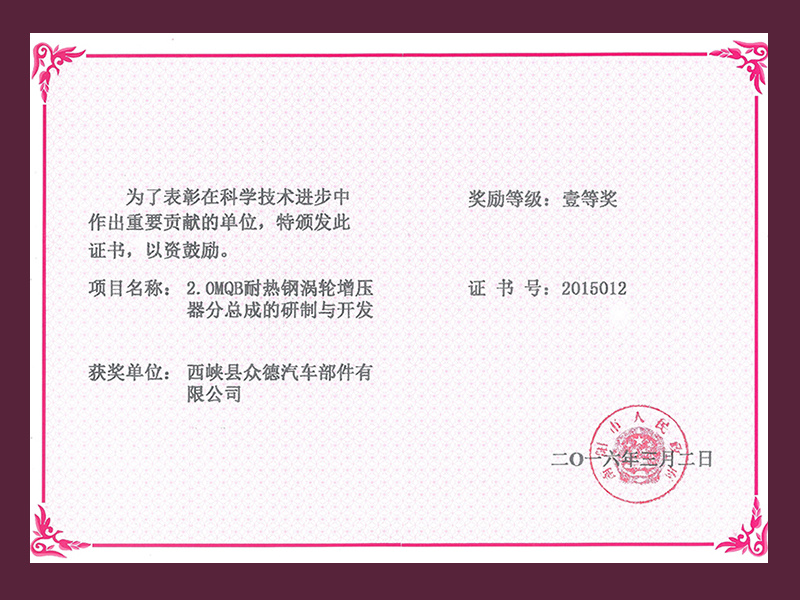 2.0MQB南阳市科技进步一等奖证书
