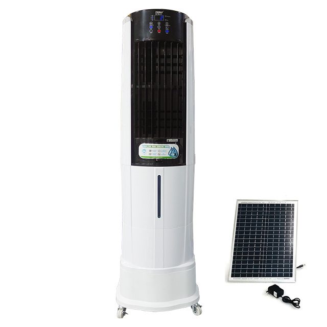 Super strong airflow large air outlet 1.7m tall design commercial mobile evaporative solar panel charging DC air cooler with heighten pedestal