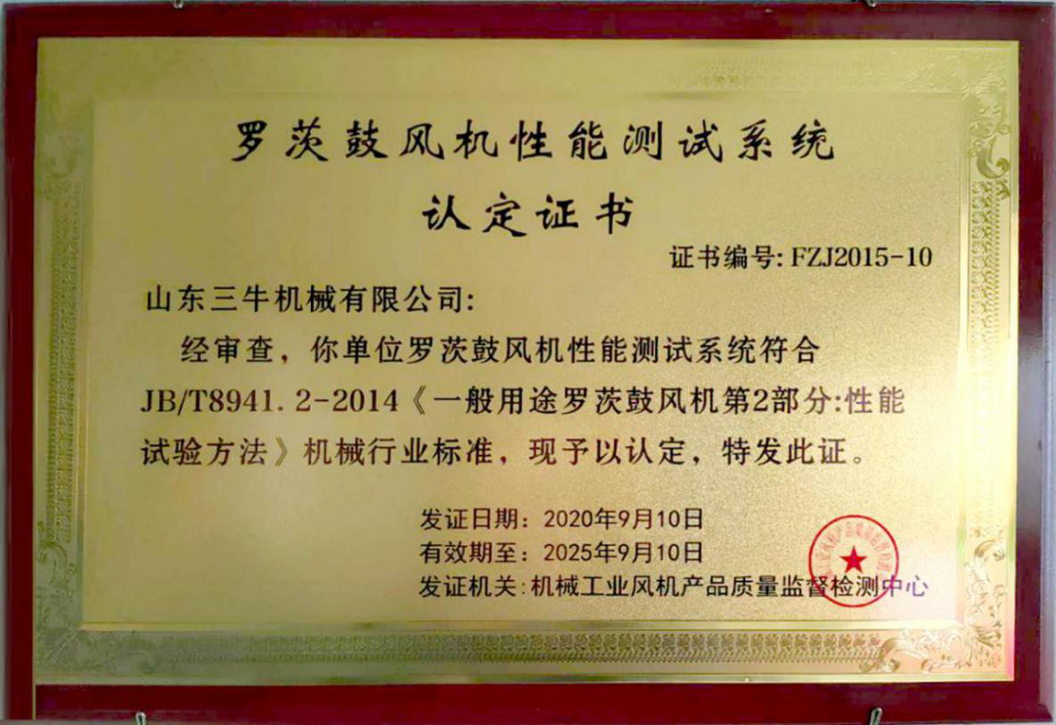 Certificate of Roots Blower Performance Test System