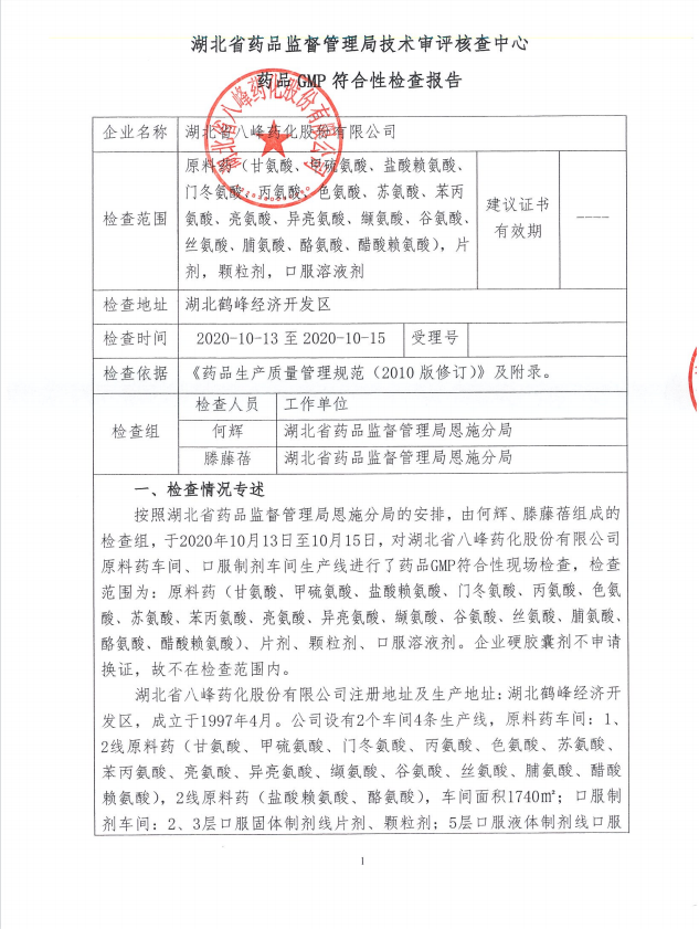 GMP符合性檢查報告