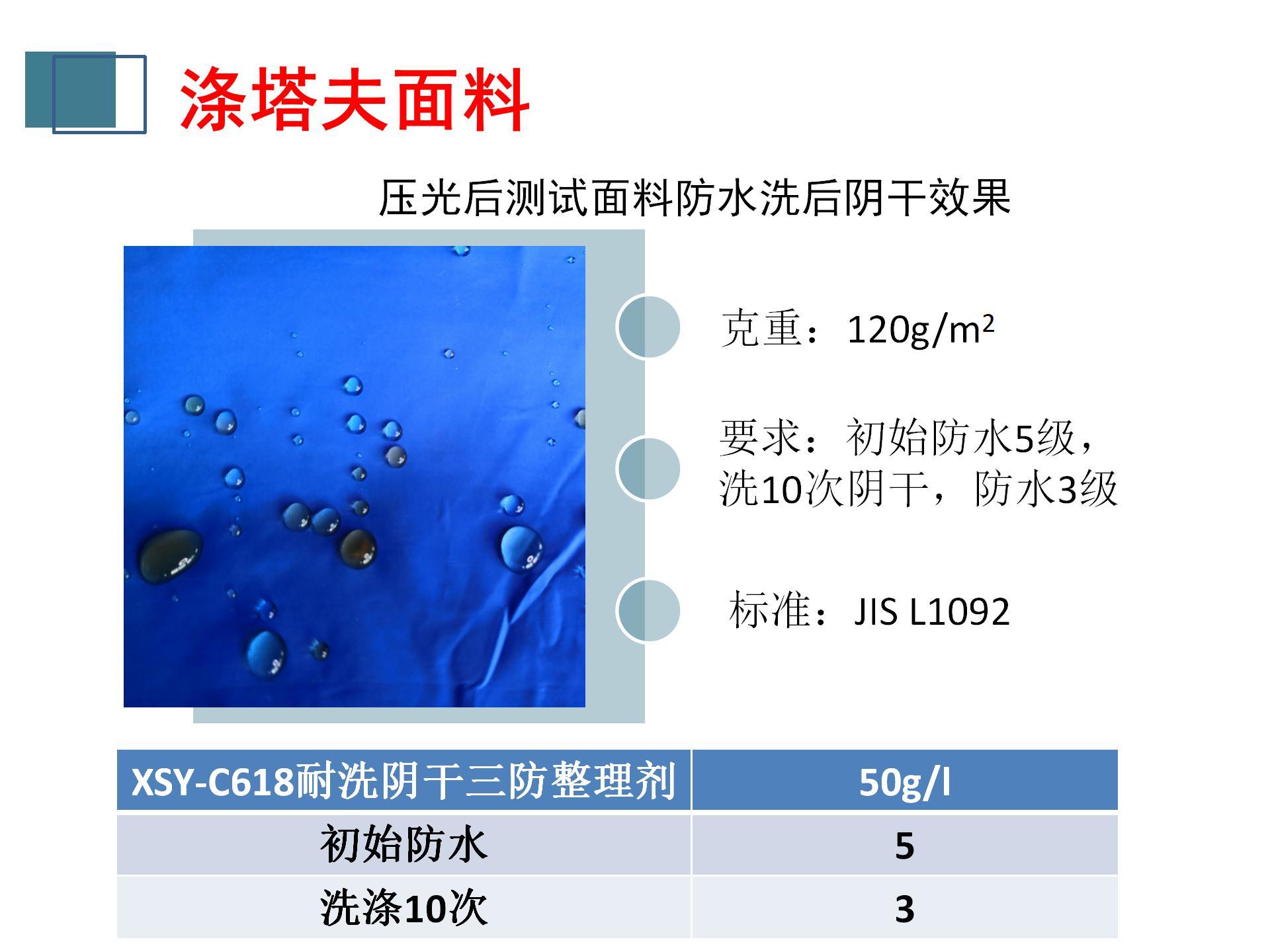 XSY-C618耐洗陰干三防整理劑在滌塔夫面料的應用
