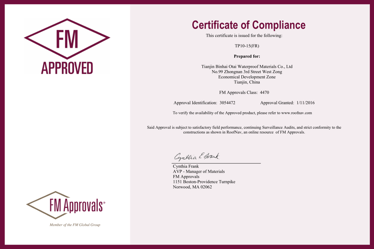 FM Certficate for TPO membrane