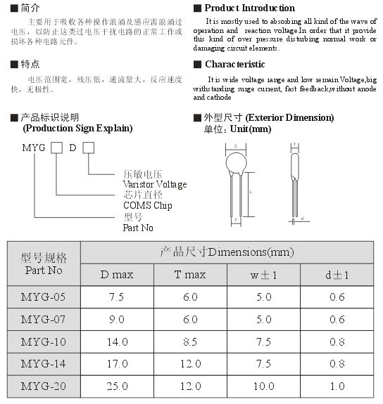 MYG型氧化鋅壓敏電阻器