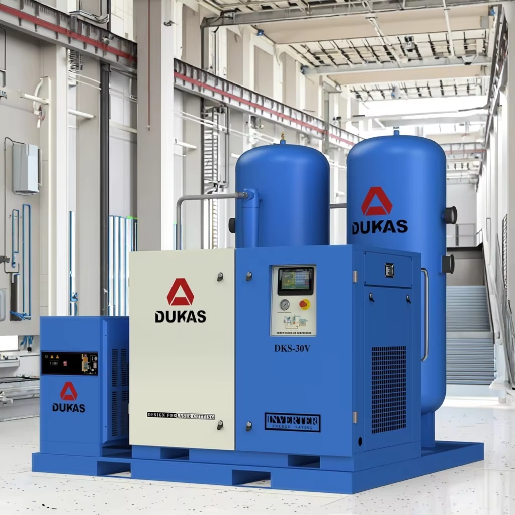 Skid mounted air compressor, silent, well balanced screw rotation, low vibration
