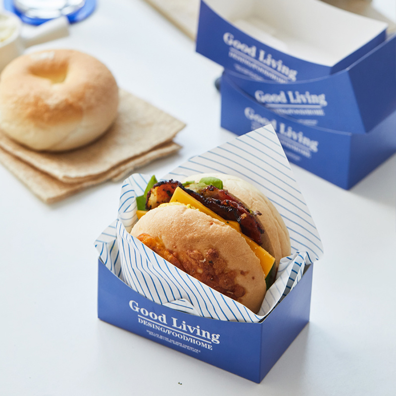 Dayu Custom Bread Dessert Packaging paper Lunch Boxes for Sandwich thick egg toast paper holder hamburger blue paper boxes