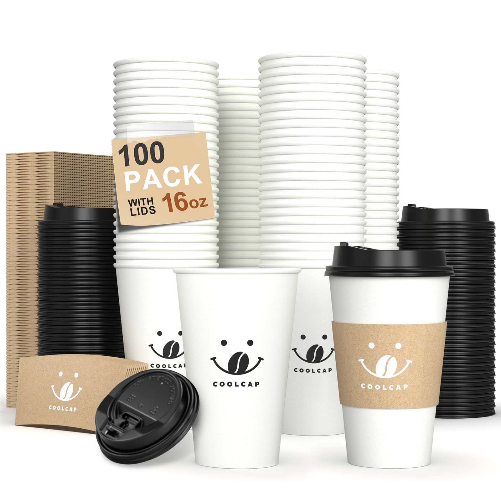 Dayupack Custom Coffee paper Cups Lids and Sleeves,  16oz Takeaway Coffee Cups With Lids, Hot Coffee Paper Cups Bulk for Hot Beverage