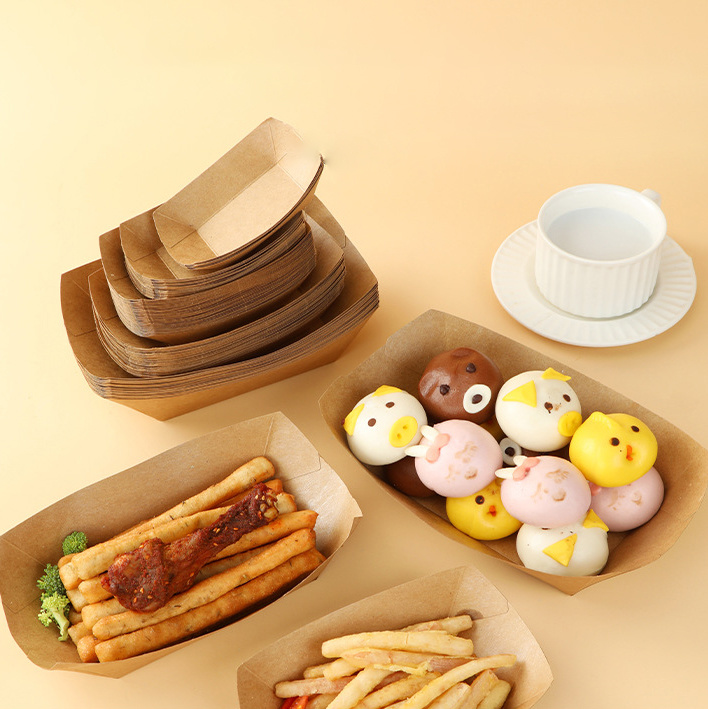 Custom size Kraft Paper boat tray for Takeout Sushi French Fries Chip Takeaway Fast Food packaging Paper tray plates