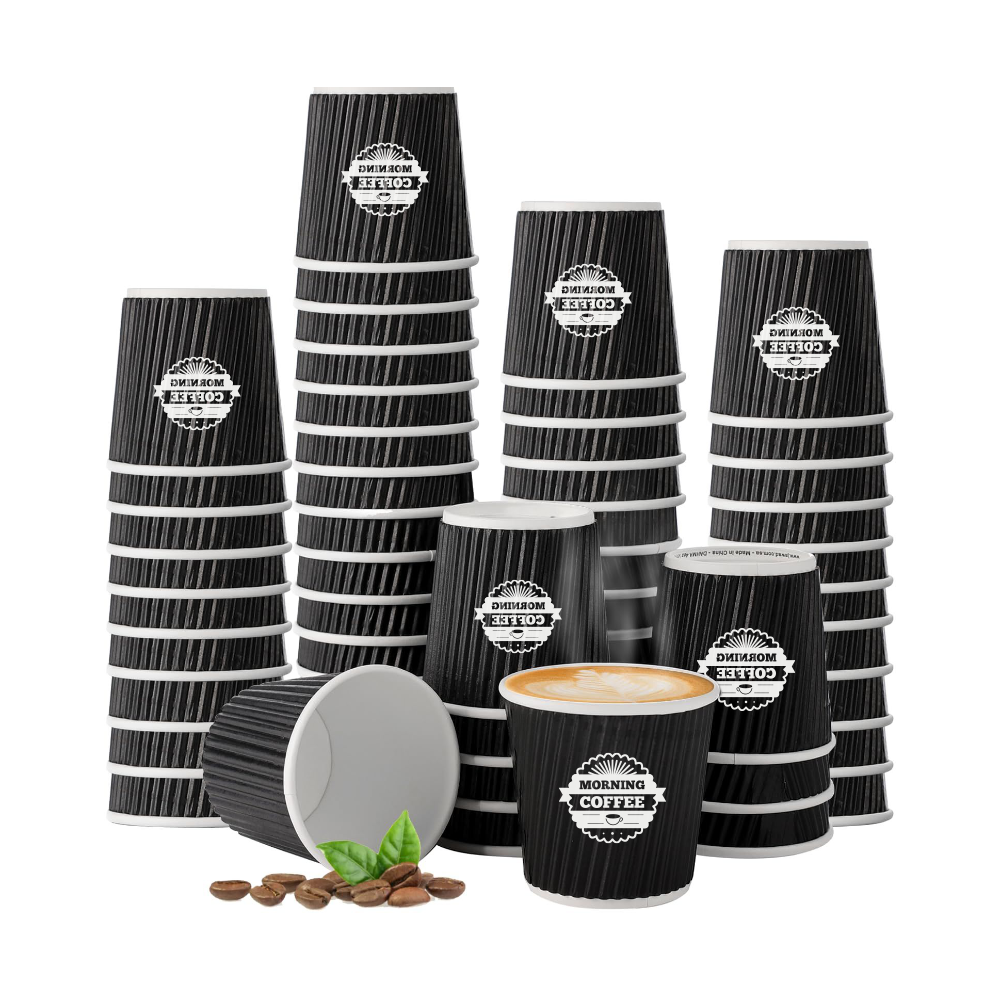 Dayu Custom Bio-degradable Pla Takeaway Black 8oz 12oz 16oz Ripple Double Wall Paper Cup Disposable Hot Paper Coffee Cup with Lids