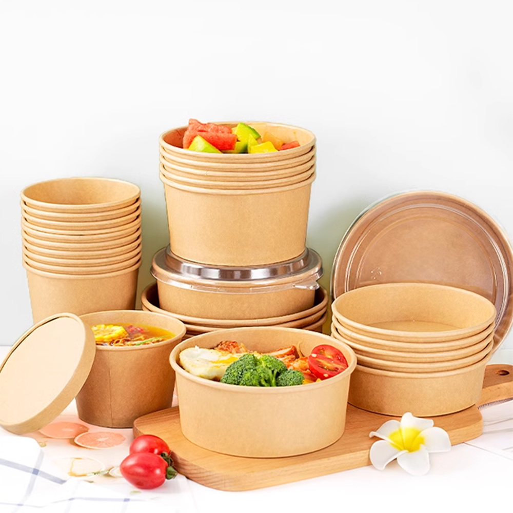 Dayupack Custom Disposable Brown Kraft Paper Salad Bowl Lids ODM/OEM for Ramen Rice Noodles Pizza Takeaway Food Packing