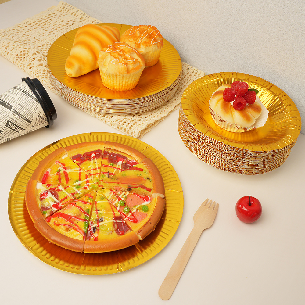 Dayu Custom Disposable Round Golden Foil Grease Proof Paper Plates Tray Cake Container Paper Plate Gold for Birthday Wedding Party