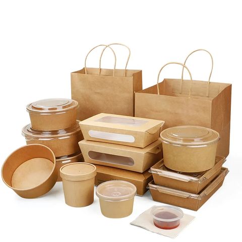 Custom Food Grade Biodegradable Restaurant All Set for Food Take Away Packaging Paper Box Cup Bowl Paper Bag