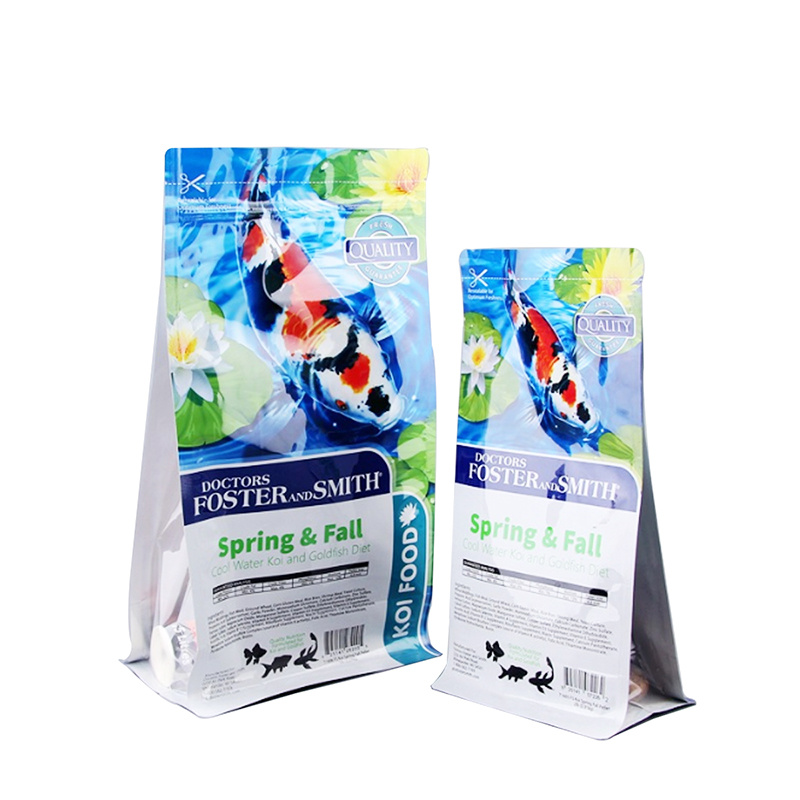 The fish feed bag should be made of durable and waterproof material to ensure that the feed remains fresh and dry. It should be made of non-toxic and environmentally friendly materials, as the bag will be in close contact with the fish feed. The material should also be able to withstand outdoor conditions, as the bag may be stored outside near the fish pond or tank. The bag should be easy to seal and reseal to prevent spillage and contamination. Additionally, the material should be transparent or have a clear window to allow for easy visibility of the feed inside. Overall, the bag should be strong, safe, and practical for storing and transporting fish feed.